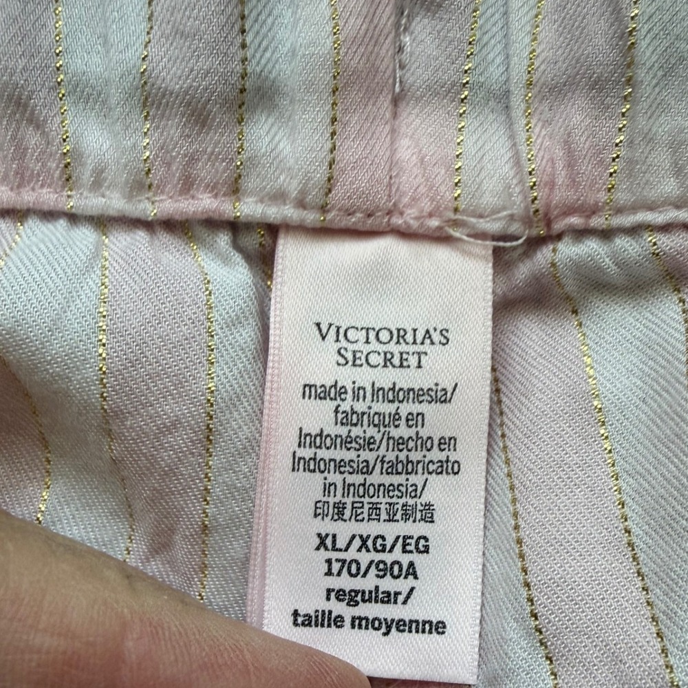 Victoria's Secret Logo Striped Pajama Set Womens XL Pink Gold Shimmer Sleepwear - Picture 13 of 16